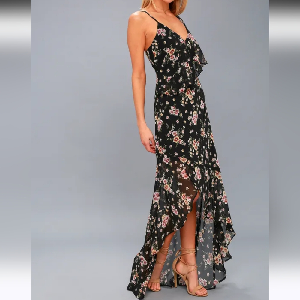 Lulus Harmonia Black Floral Print High-Low Maxi Dress